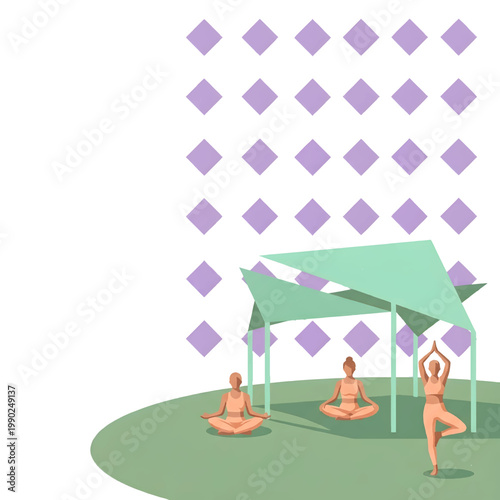 Yoga Class Illustration - Women Practicing Meditation and Stretching Under Canopy - Flat Vector Design for Wellness Banner