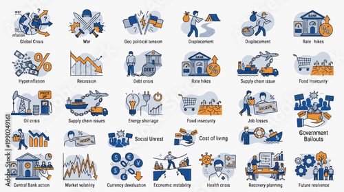 Global Crisis Infographic Icon Set Economy War Energy Climate Supply Chain Vector Illustration