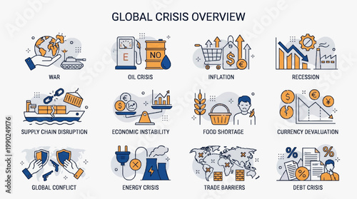 World Crisis Icons Collection Economic Recession Inflation Energy Shortage Climate Change Vector