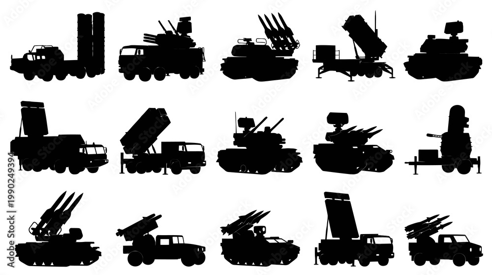 Obraz premium Black Silhouette Military Missile Launchers and Vehicles Vector Icons