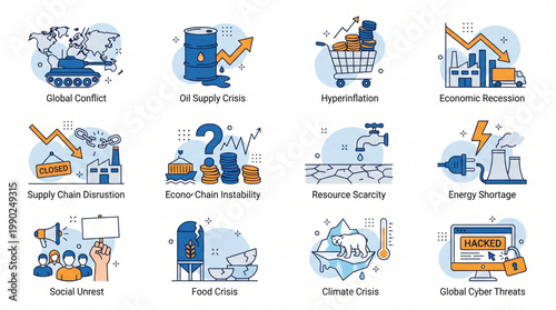 Modern Flat Line Icons Global Crisis Economy Energy Supply Chain Disruption Vector Pack