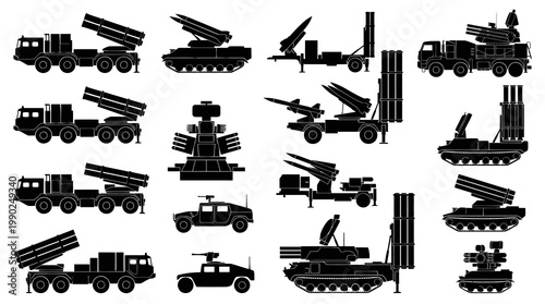 Military missiles and rockets silhouette icons, defense technology vehicles