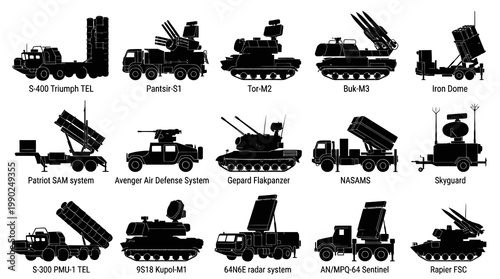 Black and White Line Art of Air Defense Systems and Missile Launchers