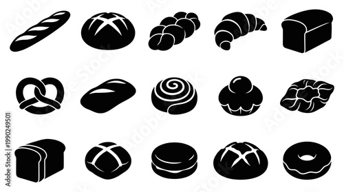Black and White Icons of Various Baked Bread and Pastry Items