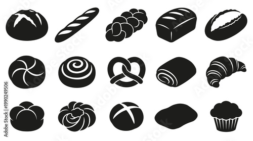 Bakery Food Bread and Pastry Glyph Icons Set. Black and White Baked Goods Silhouettes.