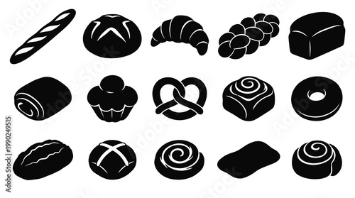 Black and White Icons of Baked Goods: Bread, Pastry, Rolls, Donut