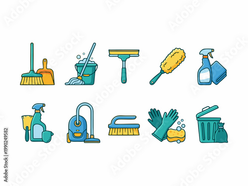 Cleaning Service Equipment and Housekeeping Supplies Vector Icon Set