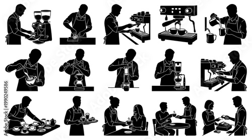 Barista Silhouettes Making Coffee with Machines and Serving Customers