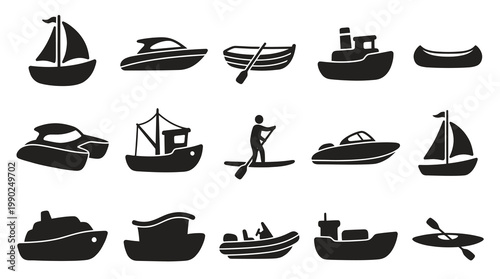 Black and white icons of various boats and watercraft, Glyph style