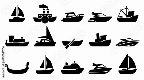 Nautical Marine Transportation Boat and Ship Icons Vector Silhouette Set