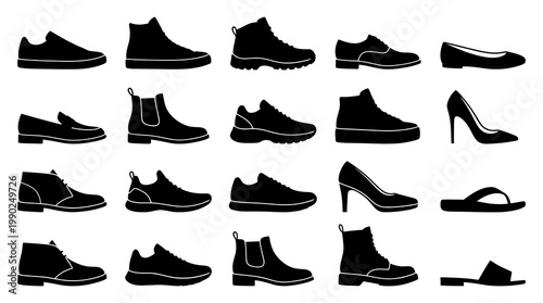 Set of Black Shoe Icons on White Background - Fashion  Style
