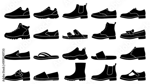 Black  White Collection of Various Shoes and Footwear Icons