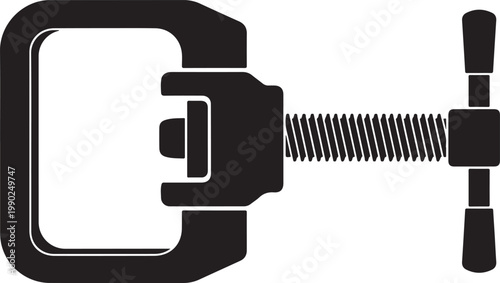 Black and white of a c-clamp tool with a threaded screw mechanism and t-handle for woodworking and metalworking tasks