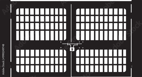 Black and white of a double gate with a central latch and padlock