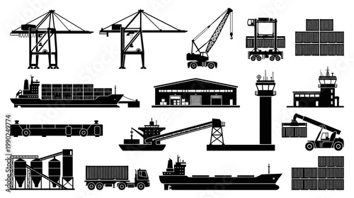 Shipping Port Cargo Crane Ship Warehouse Industry Silhouette Icons