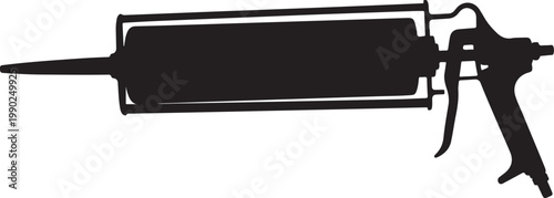 Black silhouette of a manual caulking gun with a nozzle and trigger mechanism, isolated on a plain white background