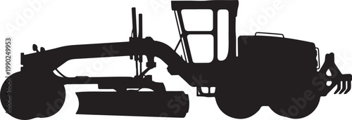 Black silhouette of a motor grader construction vehicle isolated on a white background