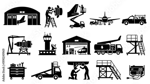 Airport Maintenance Icons: Aircraft, Hangar, Repair, Service, Black  White Glyph