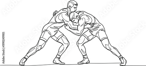 Wrestling athletes grappling in competitive match strength training sport combat action line art vector illustration