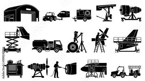 Aviation Aircraft Maintenance  Service Glyph Icons Set - Airport Ground Support Equipment  Mechanic Silhouettes