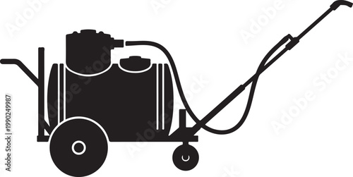 Black silhouette of a wheeled agricultural sprayer with tank, hose, and spray wand for pest control and gardening