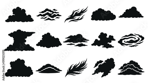 Black Cloud Silhouettes, Smoke, Fire, Storm Icons Set