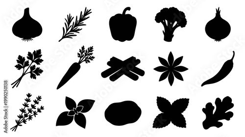 Food Ingredients Black Silhouette Icons Set - Vegetables, Herbs, Spices Vector Glyphs