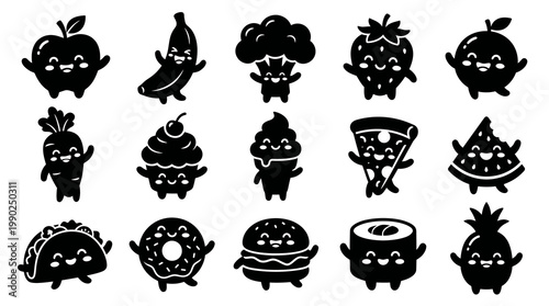 Cute Food Characters Black Glyph Icons Set Vector - Kawaii Fruits and Fast Food