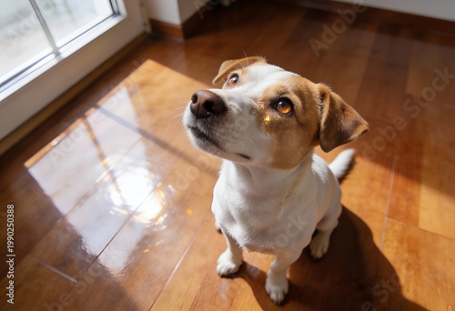 Cute white and brown dog sitting on wooden floor looking up curiously