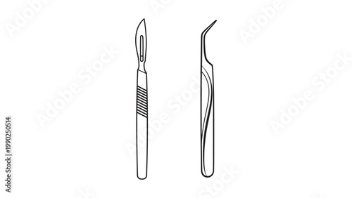 Clean Black and White Line Art Illustration of a Sharp Surgical Scalpel and Precision Medical Tweezers, Essential Healthcare Tools.