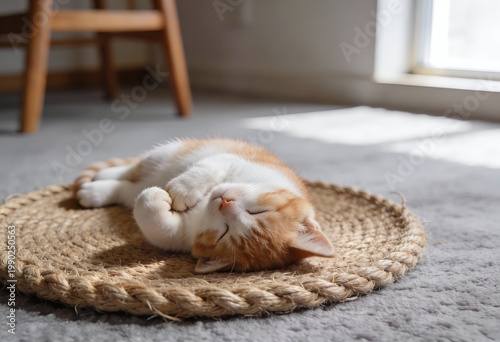 Sleeping orange and white cat on a woven jute rug in a cozy room