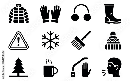A diverse set of black silhouette icons representing elements of the winter season, cold weather protection, and common winter ailments on a white background.