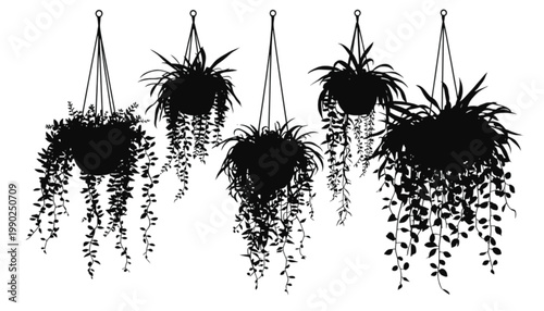 Hanging plants arranged in a collection of black silhouettes provide a decorative botanical element that is suitable for various design projects requiring organic shapes and natural aesthetic.