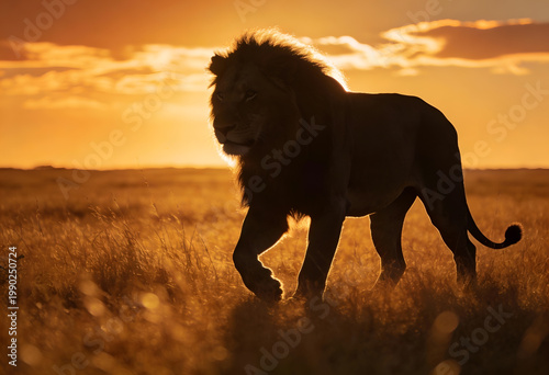 Majestic lion walking in savannah during golden sunset