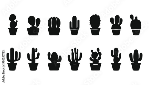 Cactus silhouettes arranged in a grid display a variety of potted succulent shapes that offer a clean and modern look suitable for interior design branding, gardening blogs, or educational materials.