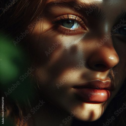 Leaf Shadow Portrait with Windblown Hair