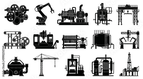 Industrial Machinery Icons: Gears, Robots, Cranes, and Manufacturing Equipment - Vector Set