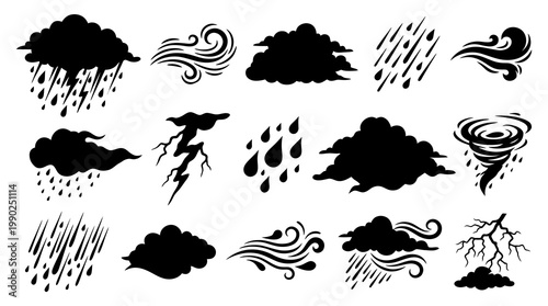 Black  White Weather Icons Set - Rain, Wind, Lightning, Storms, Clouds