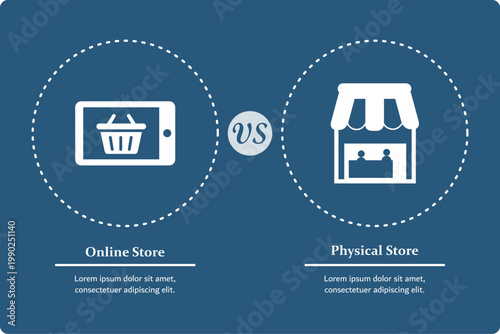Vector illustration of Online store versus physical store. Infographic template with icons and description placeholder