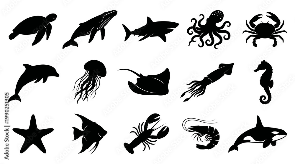 Obraz premium Marine Life Animals Vector Silhouette Set - Ocean Creatures Glyphs Icons