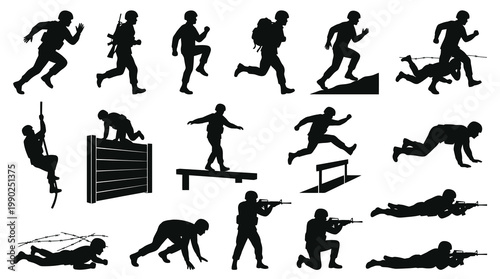 Military Soldier Obstacle Course Training Silhouette Vector Art Collection