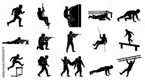 Military Combat Training Soldiers Silhouette Vector Icons Set