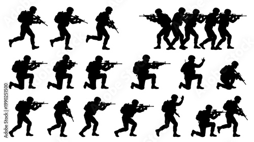 Military Army Soldiers and Special Forces Troops Silhouettes with Rifles Vector Illustration Set