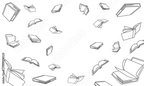 白黒線画の本と書籍と紙ページがランダムにたくさん舞う背景ベクターフレーム余白有り
