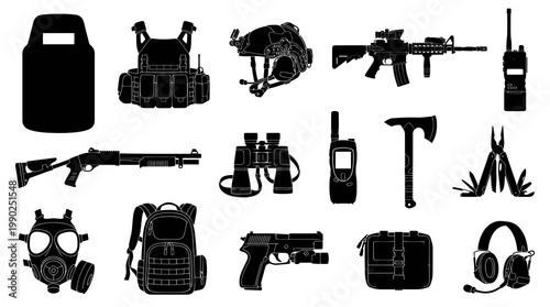 Tactical Gear and Military Equipment Glyph Icons Set