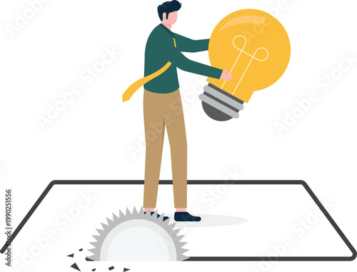 Professional standing on a dangerous platform with a saw blade and idea