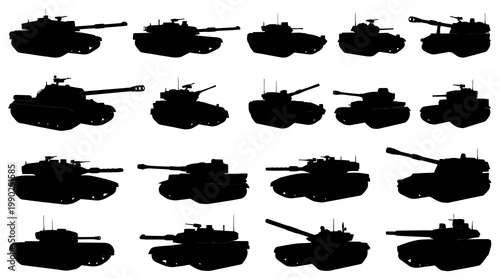 Military Tanks Silhouettes Vector Collection. Army Armored Combat Vehicle Icons Set.