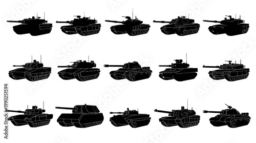Black and White Line Art Tank Icons for Military and Warfare Concepts