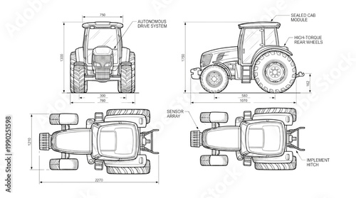 Autonomous Tractor CAD Blueprint, Agricultural Vehicle Technical Line Drawing Fron,t Side, Top Views
