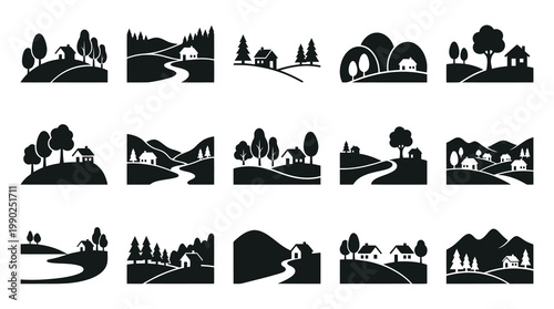Black and White Landscape Village Icons Set